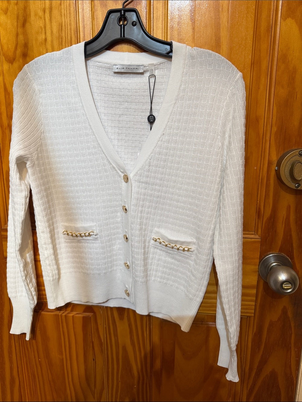 Elie Tahari Ivory V-Neck Cardigan with Gold Chain Trim